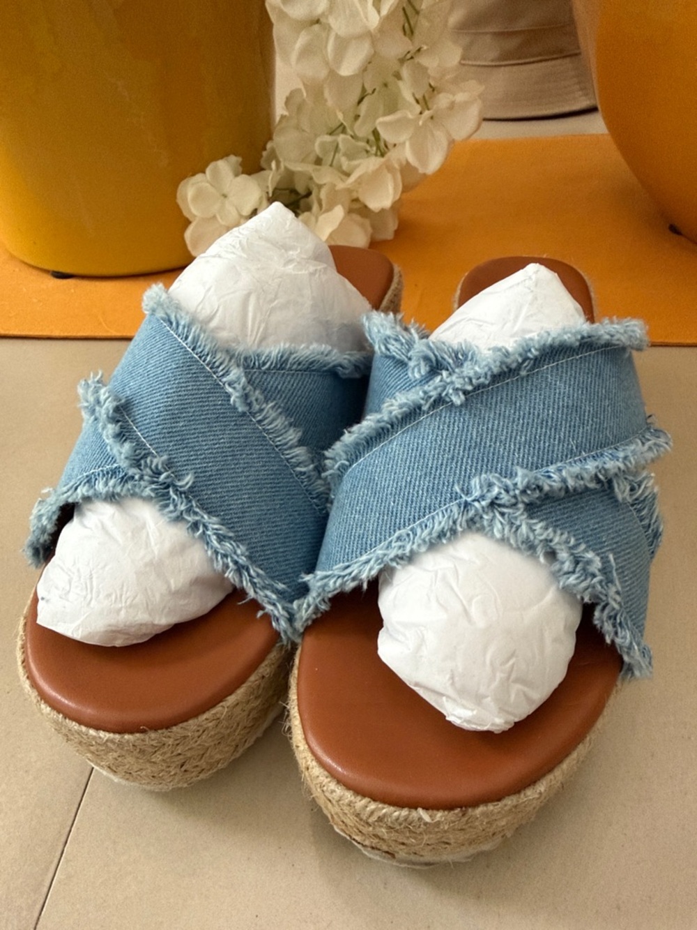 Denim Cross-Strap Platform Sandals - Blue